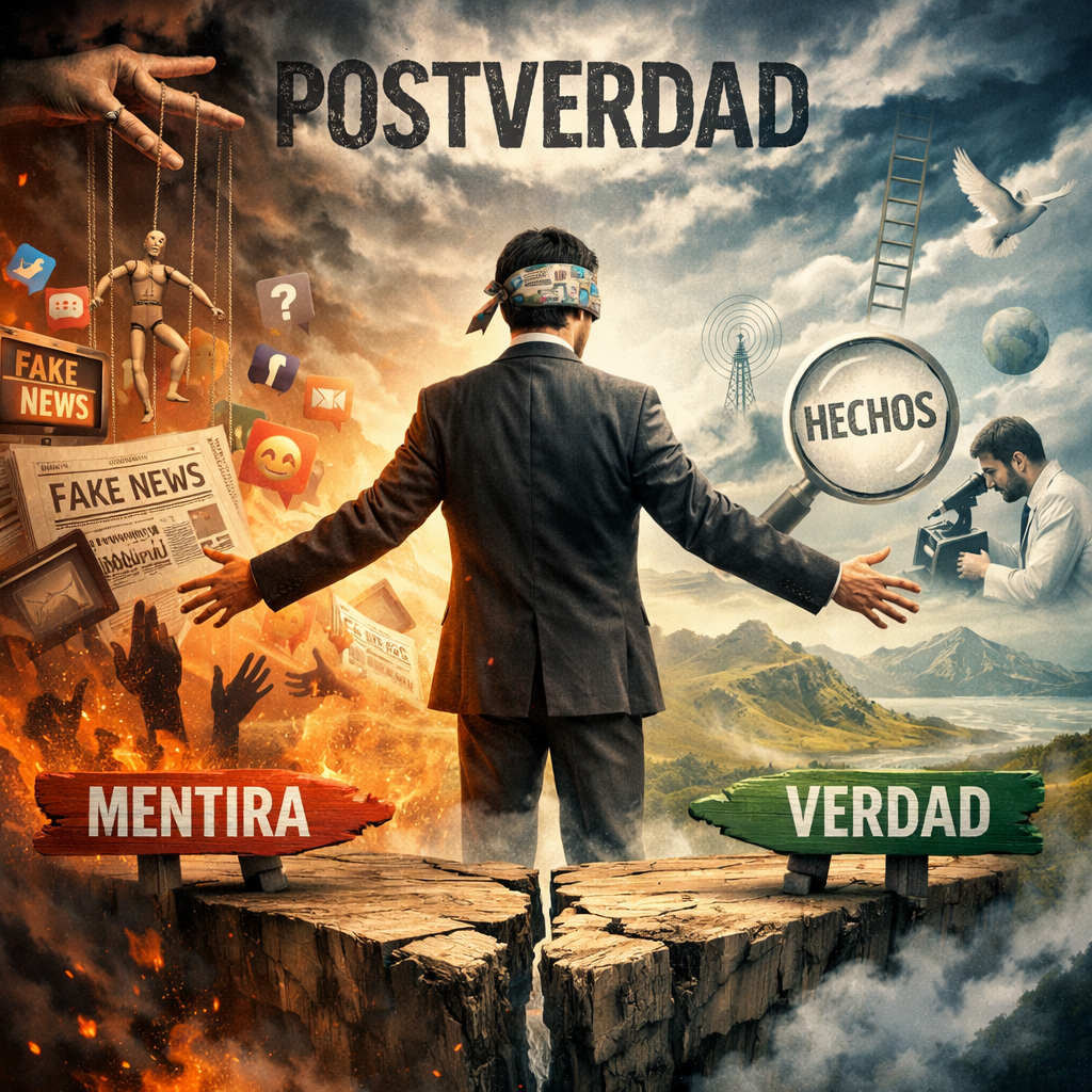 Man blindfolded between paths labeled Mentira with fake news and Verdad with facts