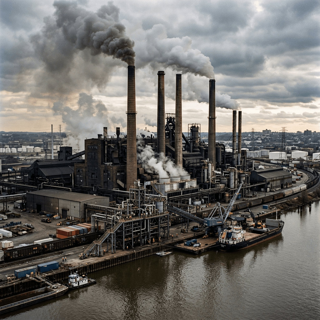 Industrial factory with multiple smokestacks emitting thick smoke over a riverfront