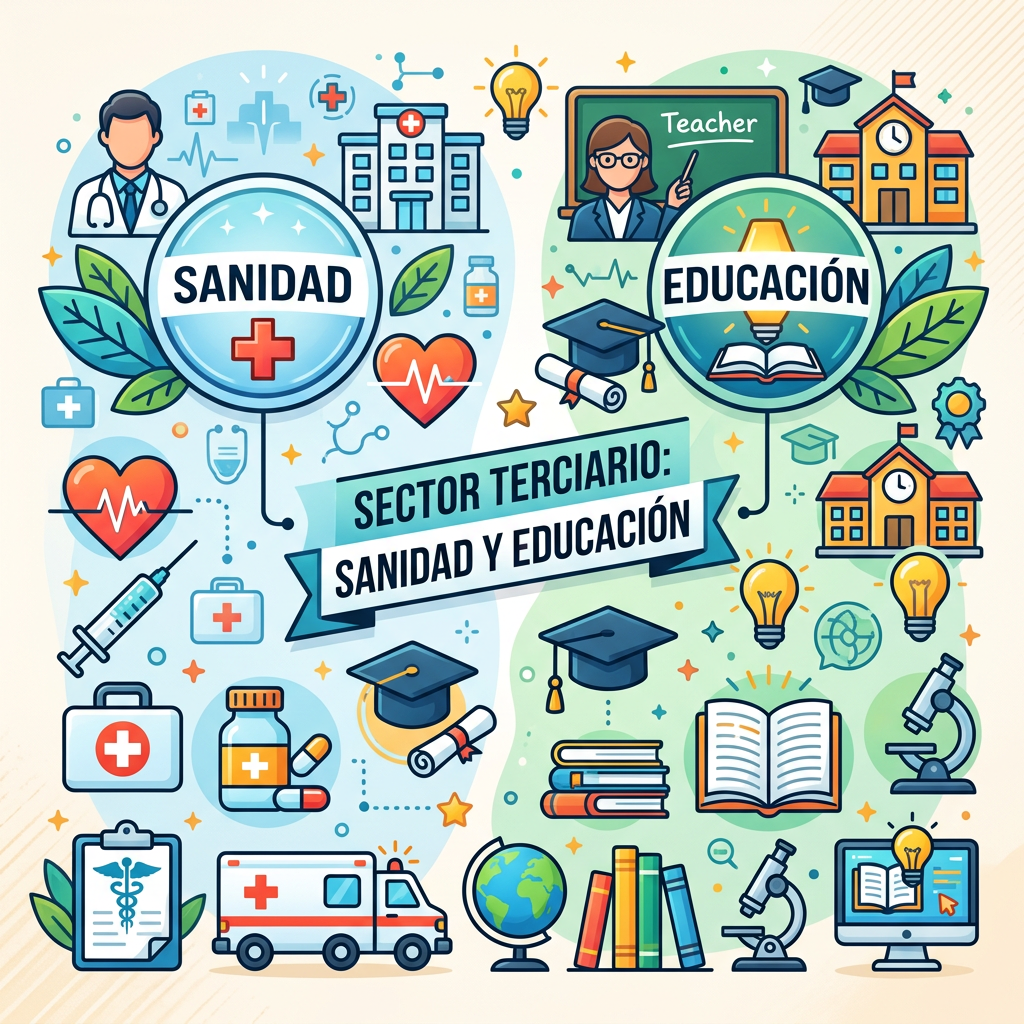 Icons symbolizing healthcare and education, including a hospital, doctor, books, microscope, and graduation cap