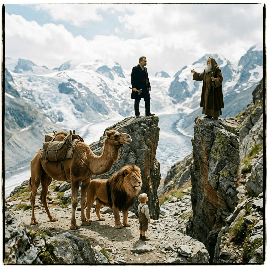Two men in period clothing by rocky mountainside with glacier; one chiseling rock, the other holding staff