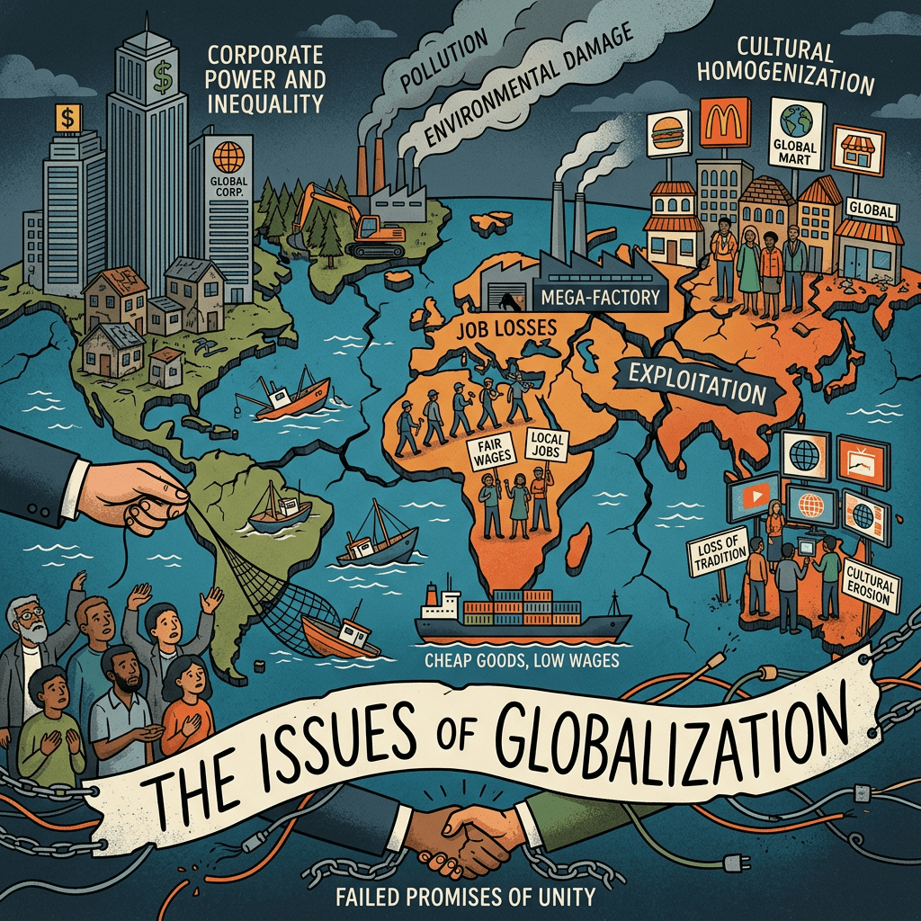 Map illustrating issues of globalization including corporate power, pollution, exploitation, and cultural homogenization